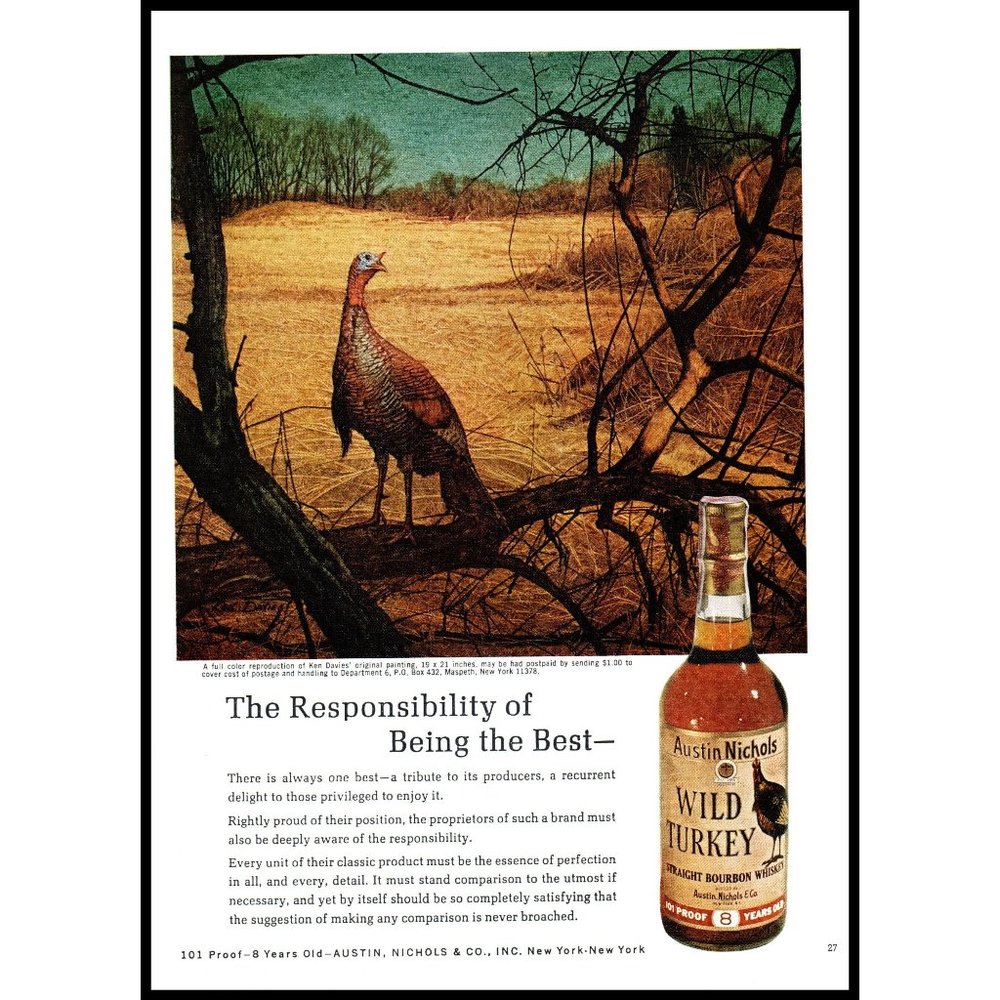 1971 Wild Turkey Bourbon Vintage Print Ad Fall Field Autumn Landscape Wall Art